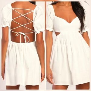 Lulus Love the Feeling White Puff Sleeve Lace-Up Cutout Linen Mini Dress, XS
